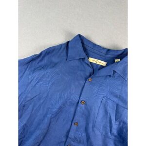 Tommy Bahama Mens Large Blue 100% Silk Tropical Leaf Jacquard Camp Shirt L Short